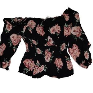 Romantic Floral Off-Shoulder Puff Sleeve Smocked Top Black‎ Pink Rose Pattern
